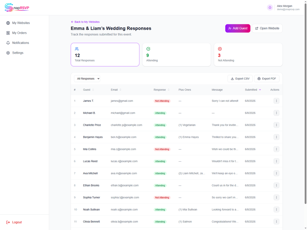 SnapRSVP dashboard preview